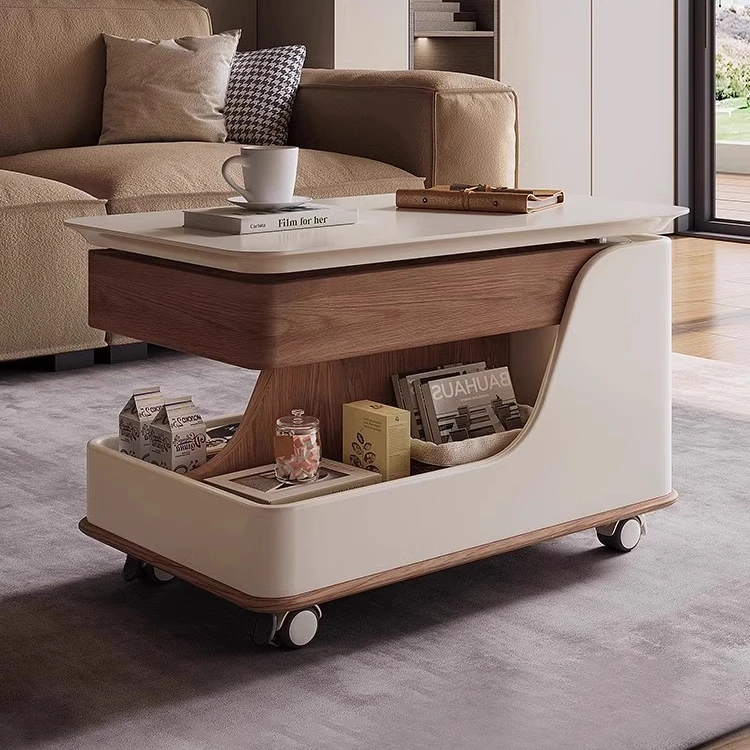 北欧茶几轻奢意式家用茶几实木升降茶几客厅抽屉式简约可移动储物