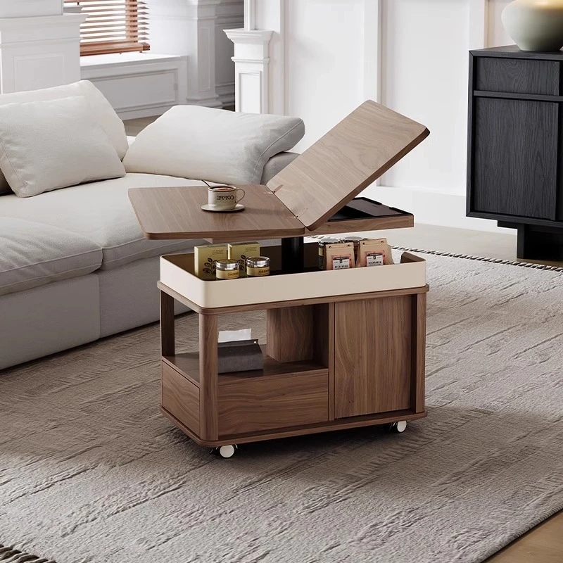 移动家用升降茶几简约边几客厅阳台小户型多功能胡桃色折叠茶几桌