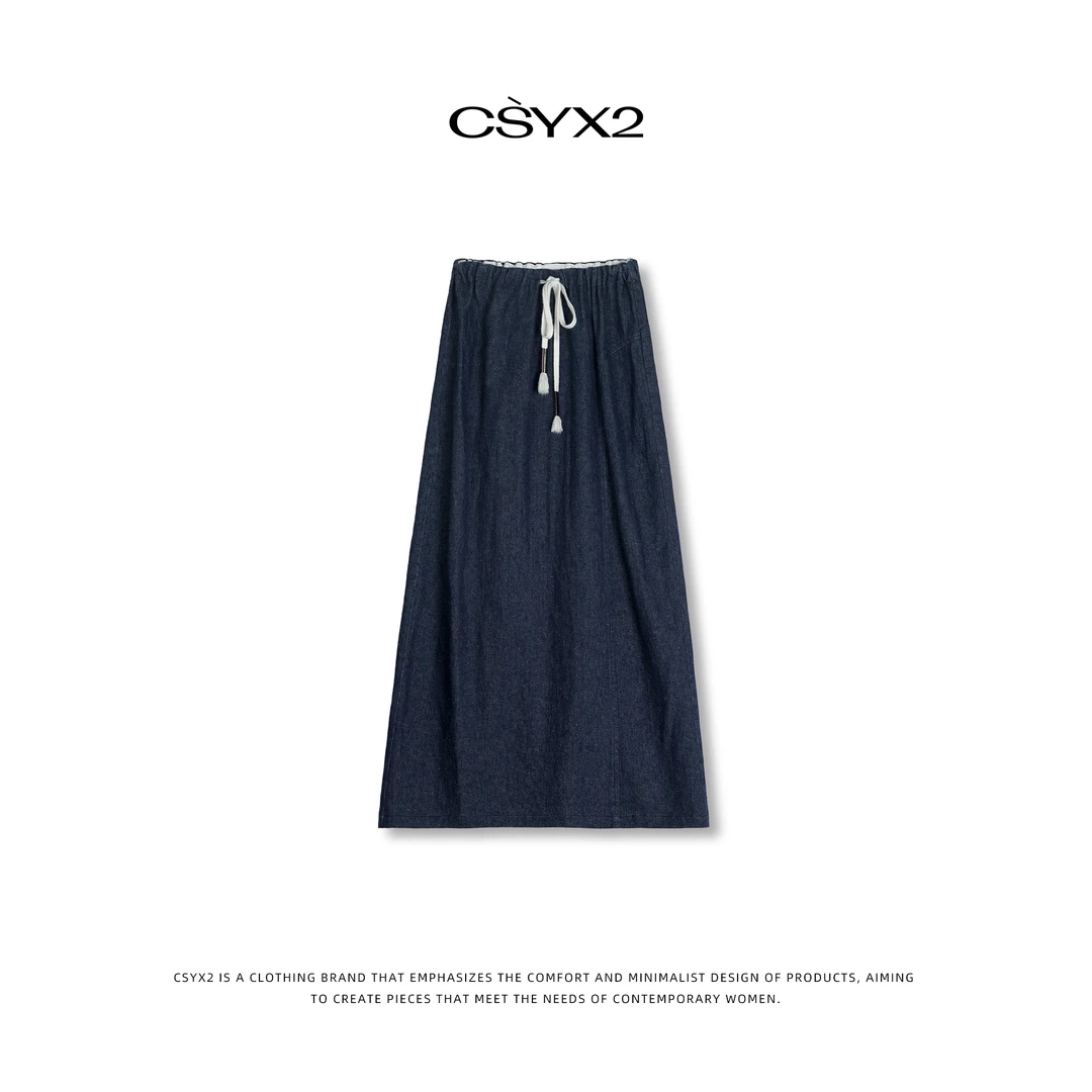 CsyX2-2025S/S早秋新款进口有机棉+大麻显瘦牛仔蓝半身裙D40632