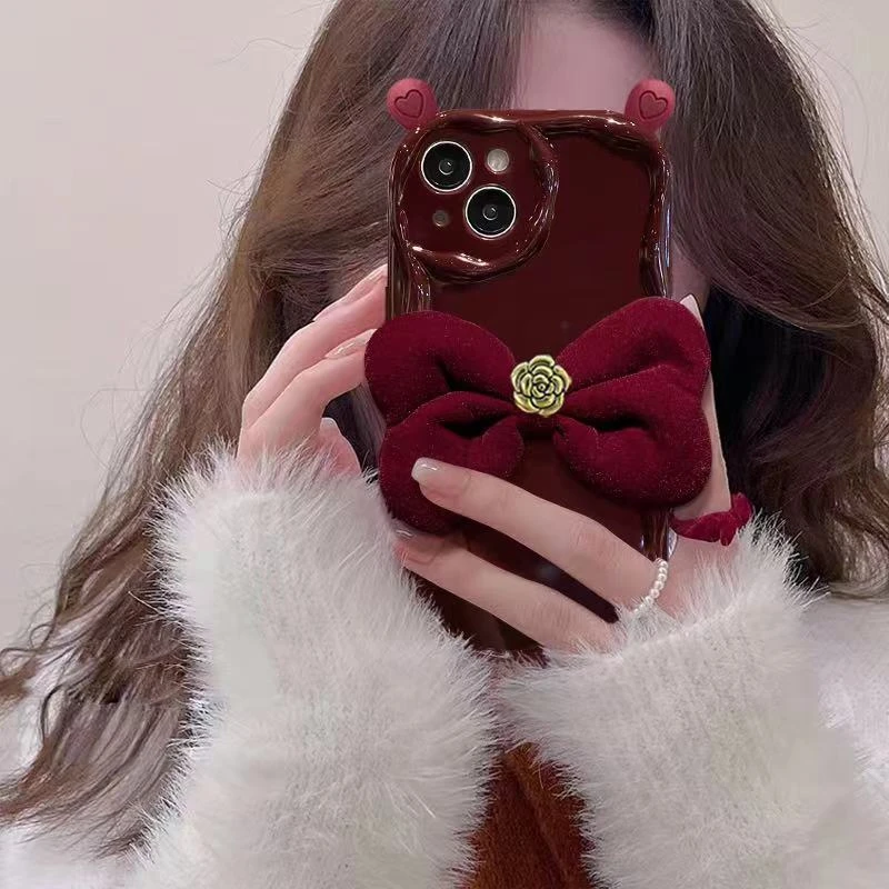 毛绒山茶花丝绒蝴蝶结手机壳适用于苹果vivo华为oppo小米女保护套