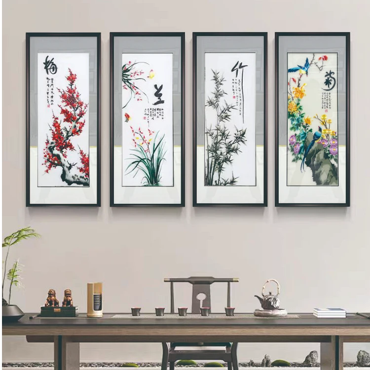 梅兰竹菊刺绣四联画客厅沙发背景墙装饰画新中式茶室书房挂画