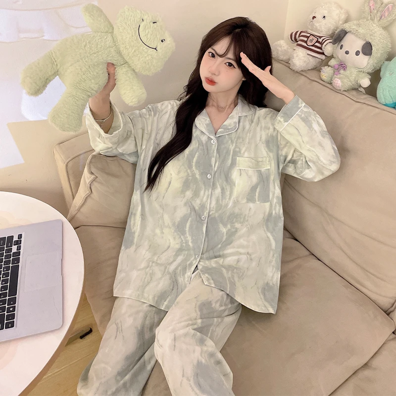 水墨画睡衣女长袖长裤2024新款春秋季宽松休闲家居服套装女可外穿