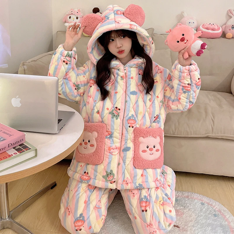 珊瑚绒睡衣女秋冬保暖冬款加厚加绒可外穿三层夹棉爆款套装家居服