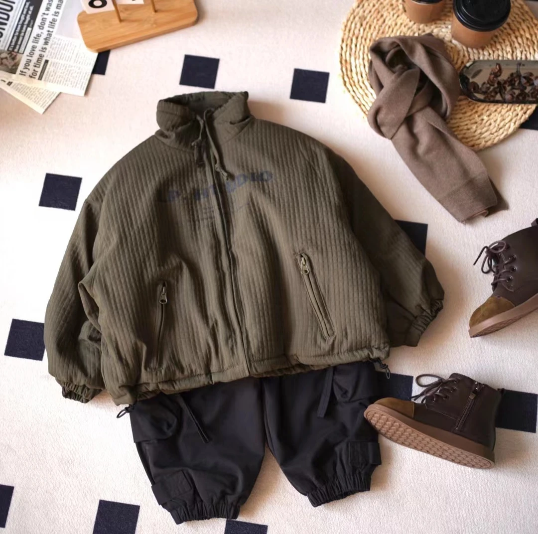 HZT秋冬男宝韩版简约纯色细方格拉链棉服SQ1417