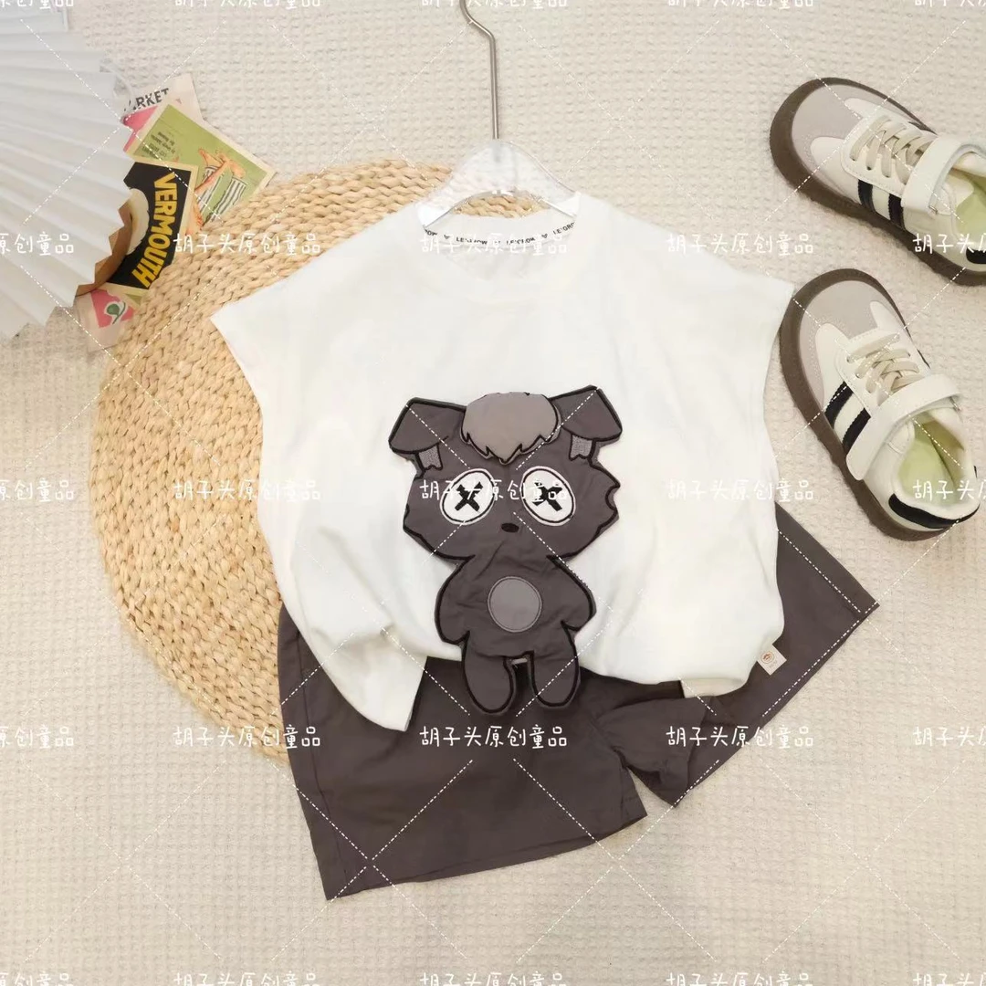 HZT夏季男宝韩版卡通刺绣小灰灰无袖两件套H-1019