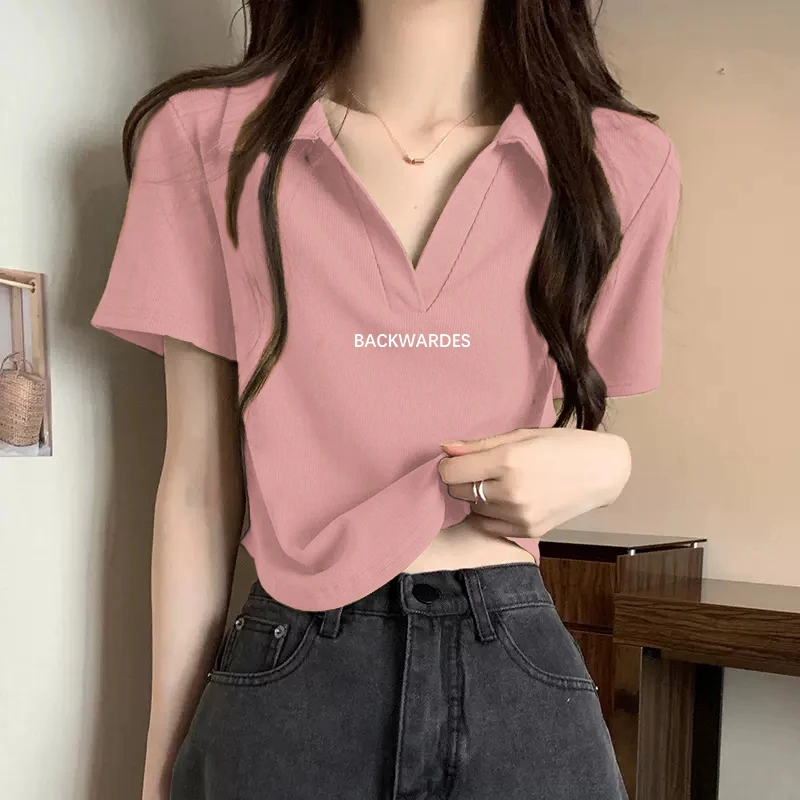 V领短袖t恤女polo领正肩夏季洋气设计感遮肚子显瘦短款修身上衣潮