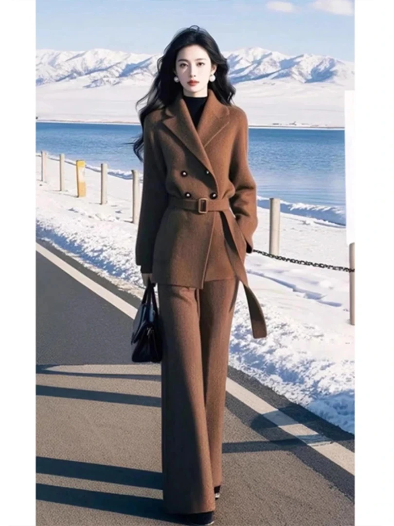 2024深秋初冬新款气质小香风咖色针织外套搭配高腰阔腿裤两件套女