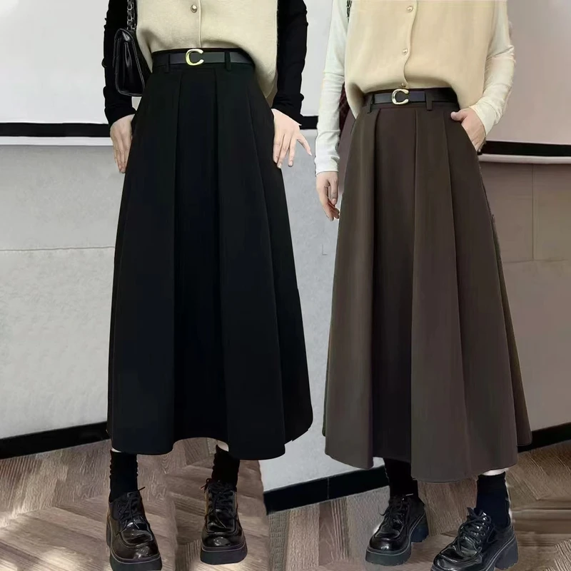 送腰带半身裙秋冬女A字冬裙中长百褶裙新款赫本风高级感毛呢长裙