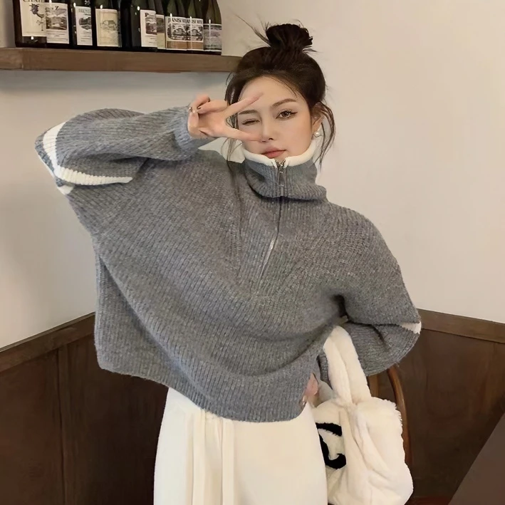 半拉链高领毛衣女加厚秋冬新款设计感针织衫