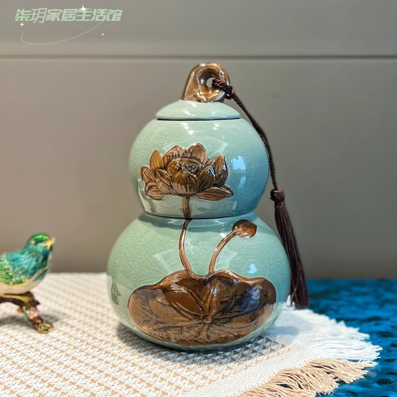 【柒玥】1L大号茶叶罐密封葫芦双层储茶罐复古高端手工陶瓷密封摆件