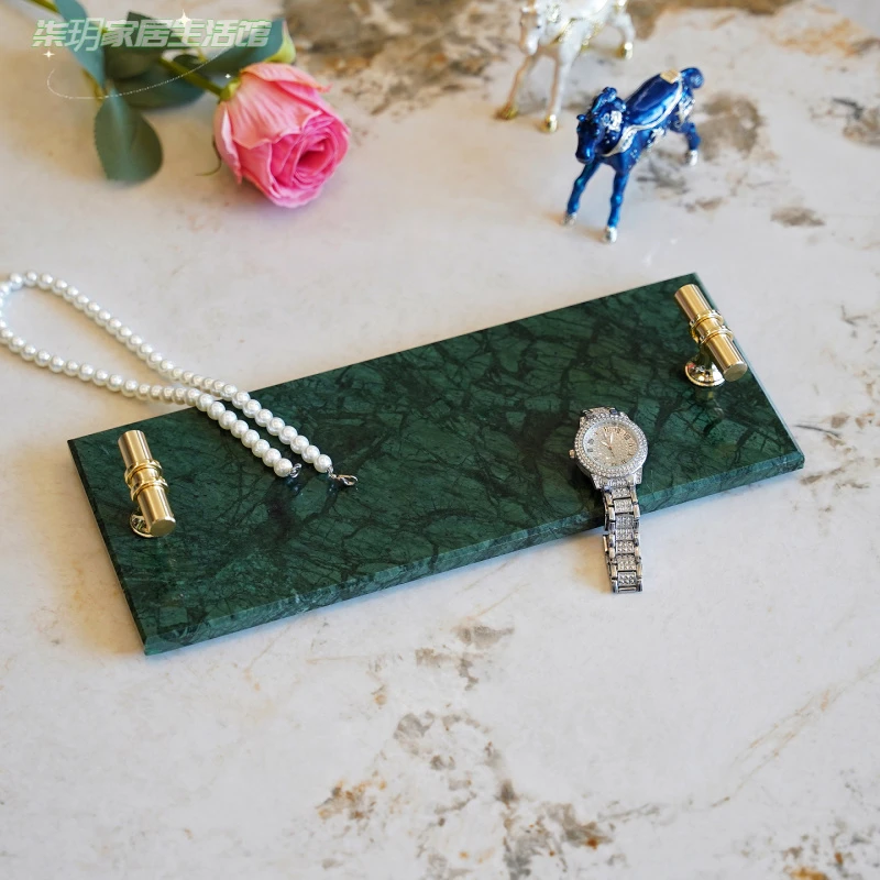 天然大理石托盘轻奢北欧风首饰盘绿色长条置物盘家居装饰摆件家用