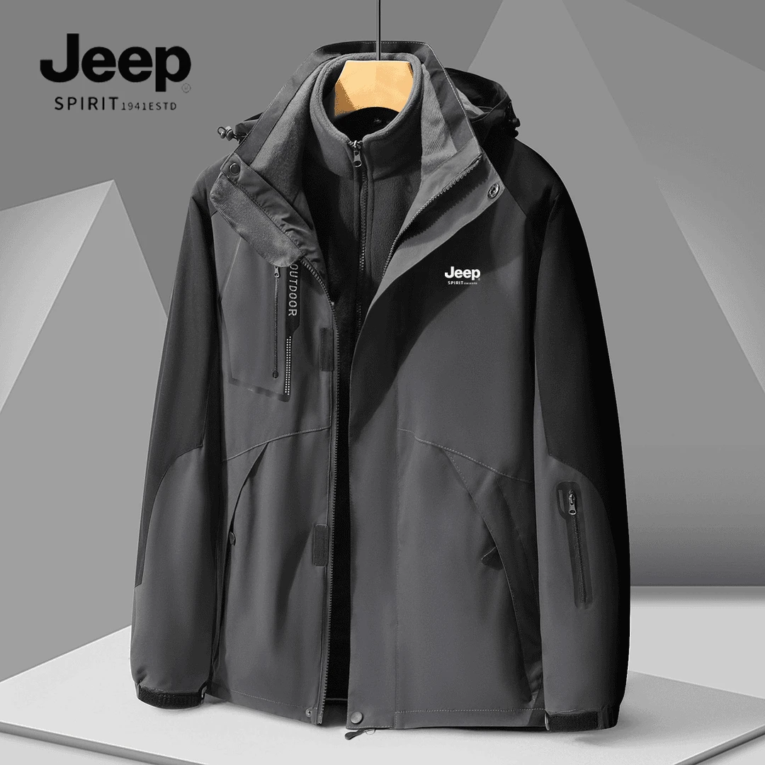 JEEP吉普男冲锋夹克户外可拆卸两件套情侣旅游登山防风防水外套
