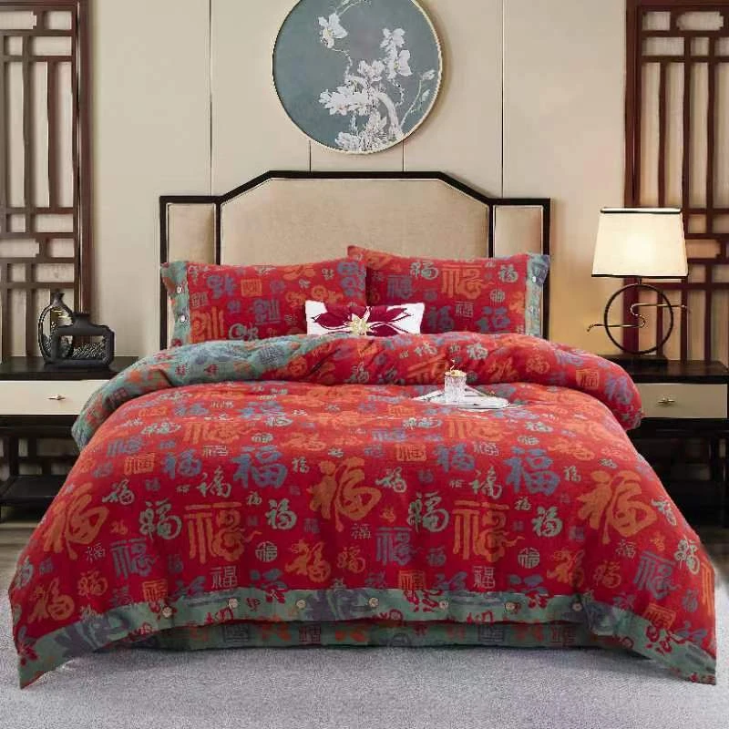 【琳桥】-百福-A类全棉双层纱色织提花四件套柔软亲肤纱布