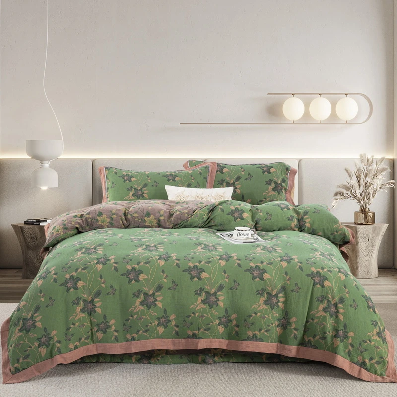 【琳桥优选】-绿百合-A类全棉色织提花双层纱四件套蓬松柔软亲肤