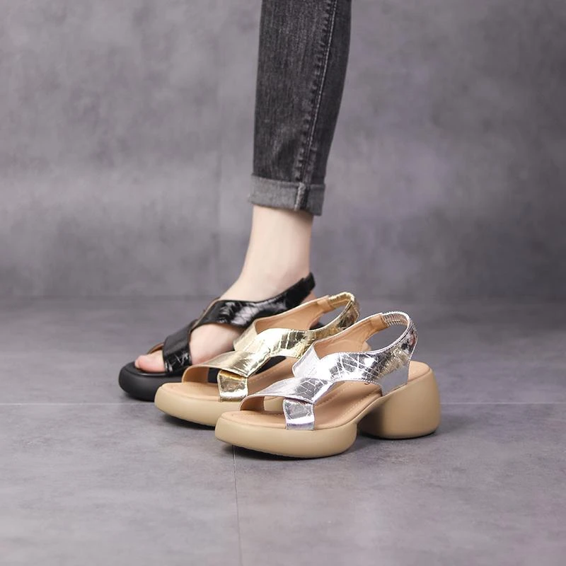 手工鞋2024年新款时尚百搭女士夏季软底粗跟露趾一字带凉鞋女