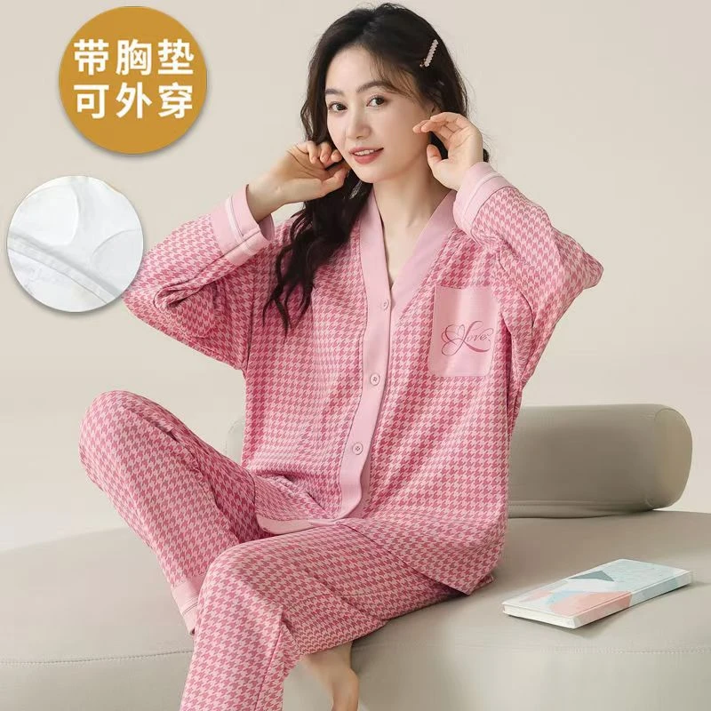 带胸垫防凸点日系和服开衫睡衣女春秋长袖冬季休闲宽松家居服套装