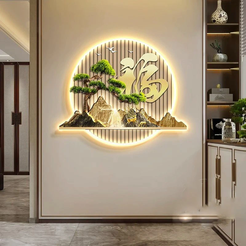 现代轻奢玄关装饰画高级感氛围灯画麋鹿客厅餐厅挂画迎客松新中式