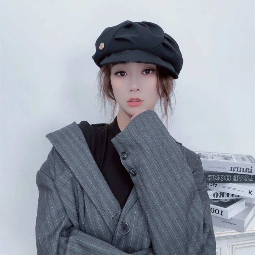 早秋新款贝雷帽女百搭黑色加宽帽檐画家帽时尚青年八片云朵帽子潮