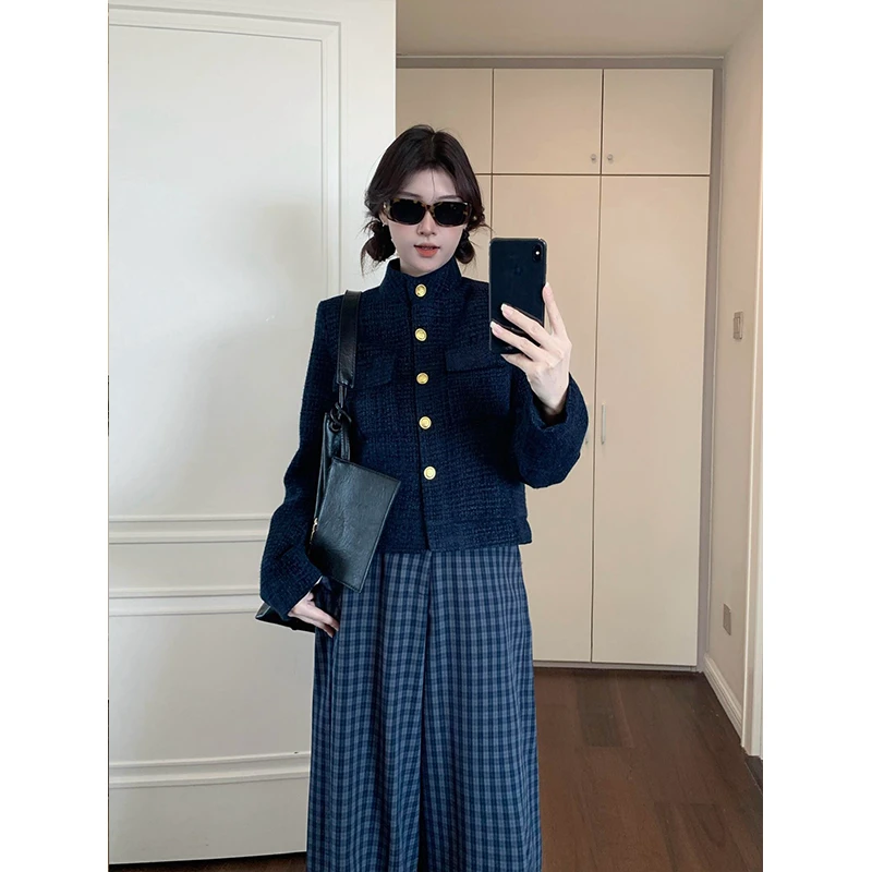 外套女名媛短款圆领上衣格子休闲裤高腰宽松直筒裤阔腿裤格纹长裤