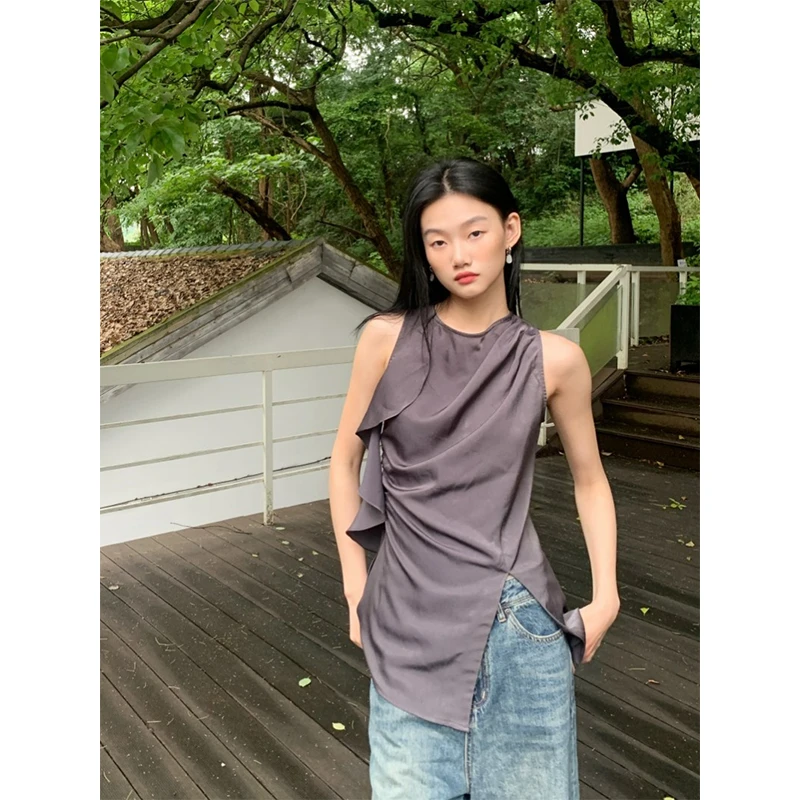 背心吊带夏季圆领无袖修身显瘦百搭小众纯色设计感辣妹女士上衣