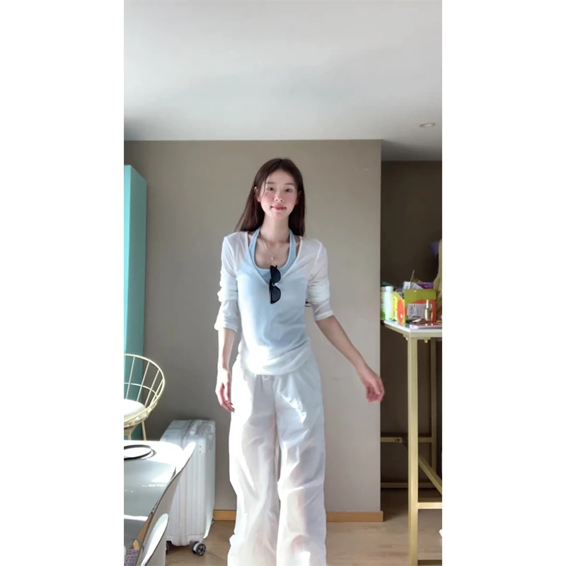 2024新款夏季纯欲风V领薄款罩衫T恤挂脖背心女上衣高腰宽松阔腿裤