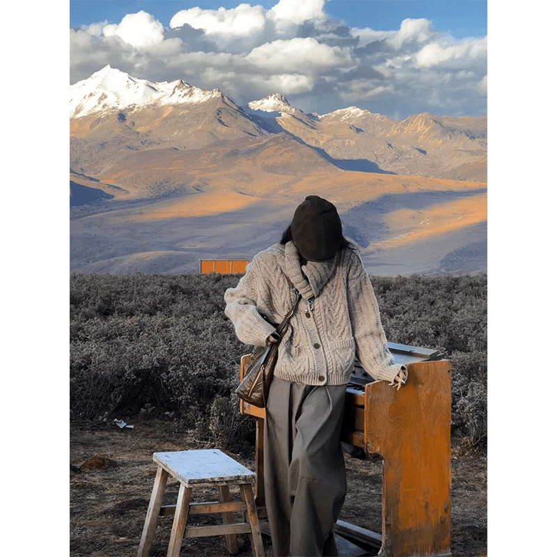 2024秋冬新款气质慵懒风单排扣软糯麻花长袖毛衣女时尚休闲阔腿裤