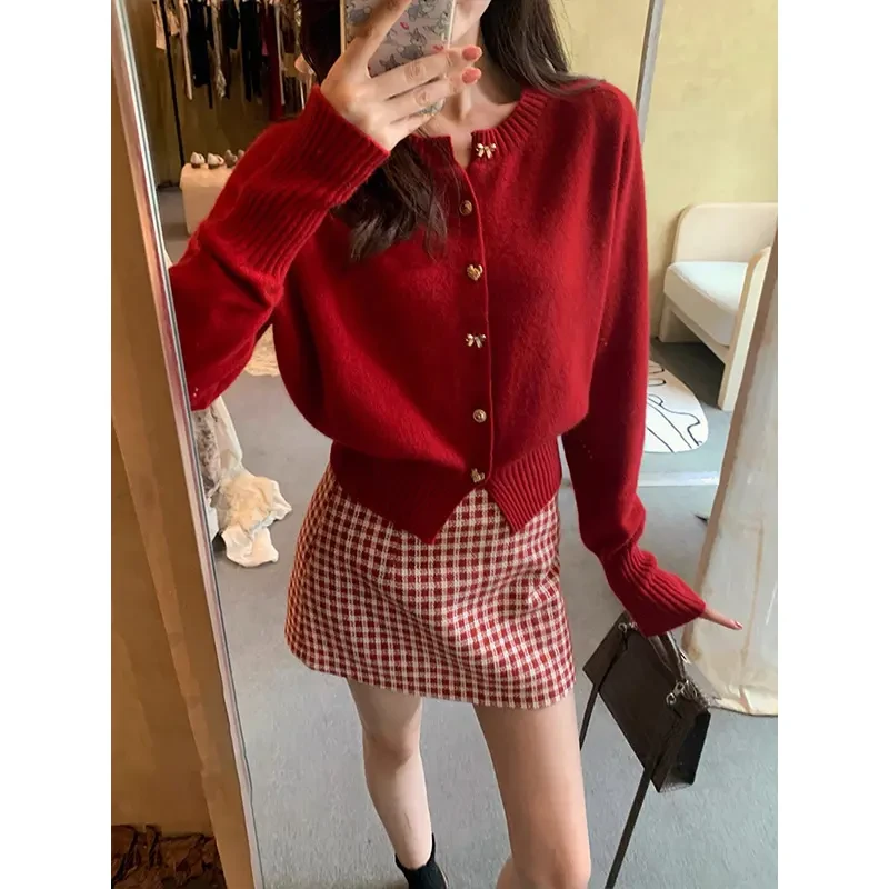 毛衣女款2024秋冬新款小香风气质减龄长袖针织开衫显瘦格子半身裙