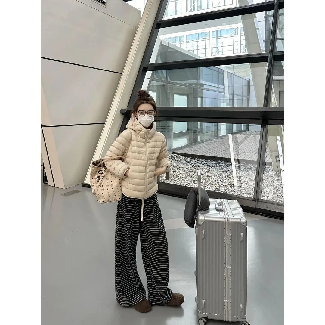 2024秋冬新款韩版宽松时尚保暖棉服外套女百搭黑色条纹阔腿休闲裤