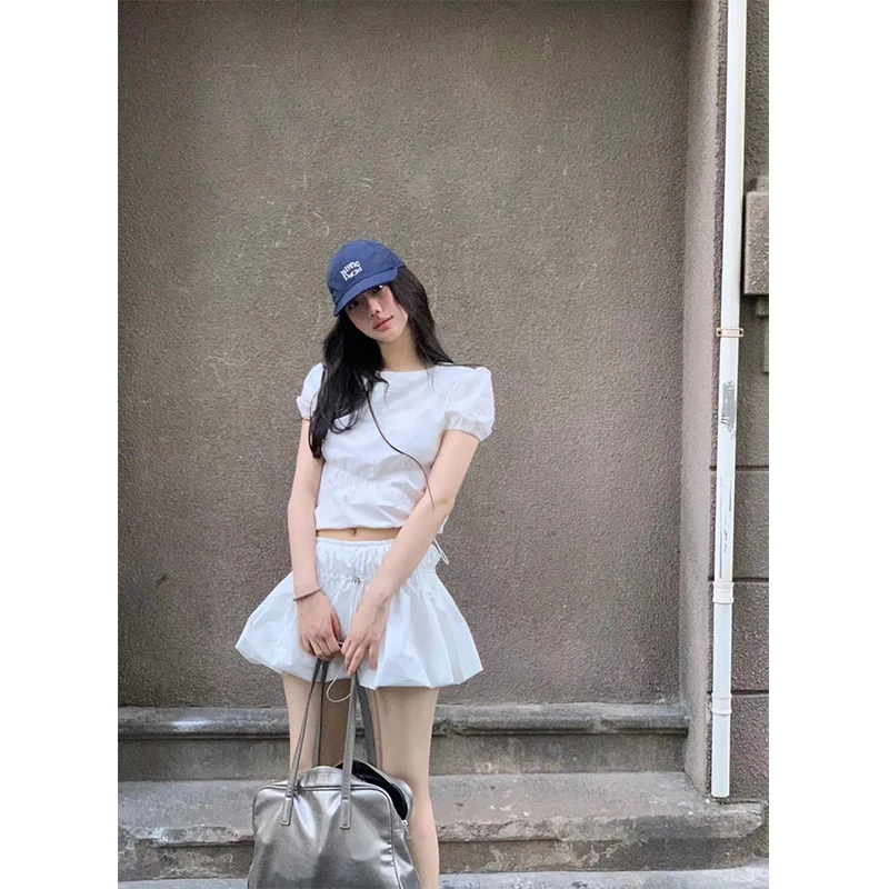 夏季穿搭新款气质韩版时尚泡泡袖百搭短款女士上衣高腰显瘦半身裙