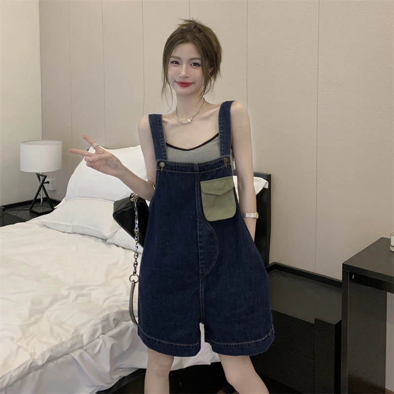 吊带连体裤女夏季韩版气质时尚宽松牛仔背带短裤直筒显瘦外穿裤子