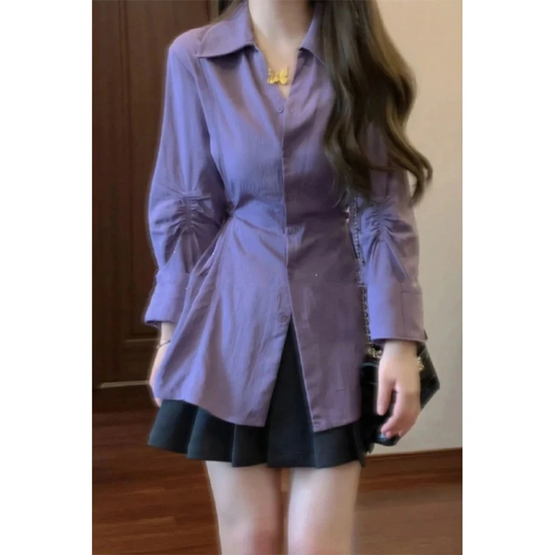 时尚穿搭秋季女士翻领排扣长袖修身显瘦百搭小众衬衫百褶气质短裙