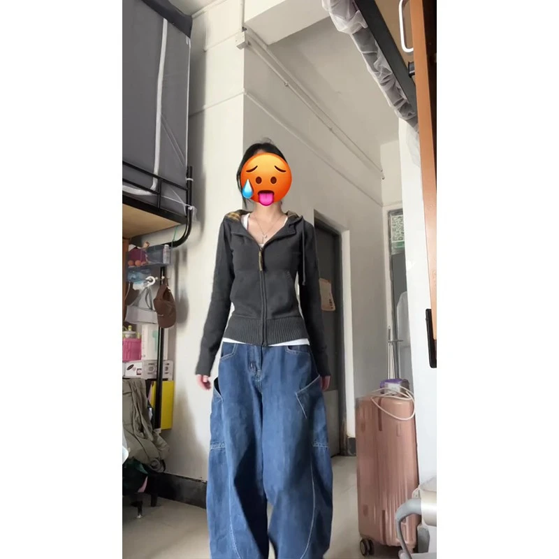 2024新款女士秋季复古设计感连帽拉链短款外套上衣高腰宽松阔腿裤