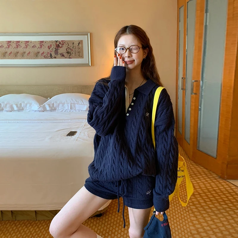 秋冬季新款小香风Polo领长袖上衣麻花毛衣针织衫修身短裤减龄穿搭