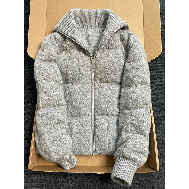 寒冬加绒加厚保暖棉服拉链翻领针织麻花外套保暖夹克面包服女纯色