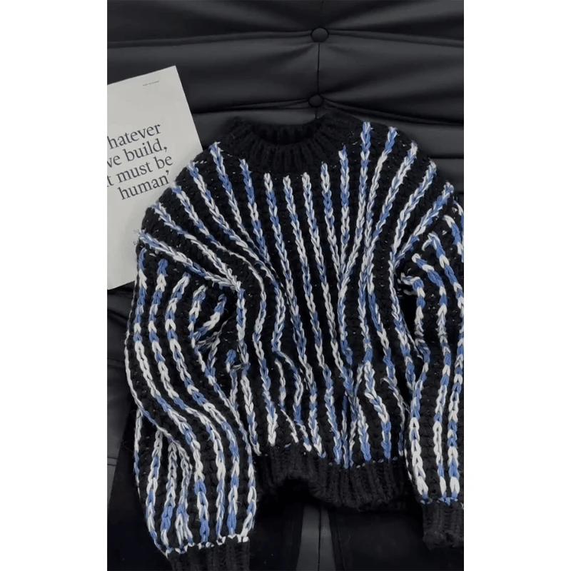 秋冬高级感设计圆领条纹撞色毛针织衫保暖小个子显瘦百搭长袖上衣