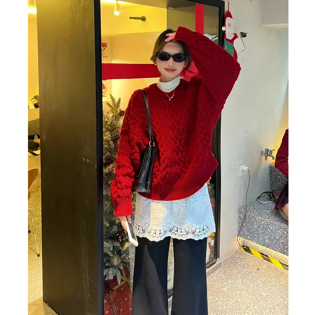 2024秋冬新款时尚针织毛衣红色圣诞洋气百搭休闲长袖圆领显瘦上衣
