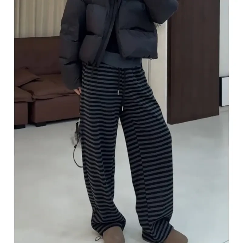 休闲裤女2024秋冬新款宽松时尚百搭慵懒风垂感直筒裤子条纹阔腿裤