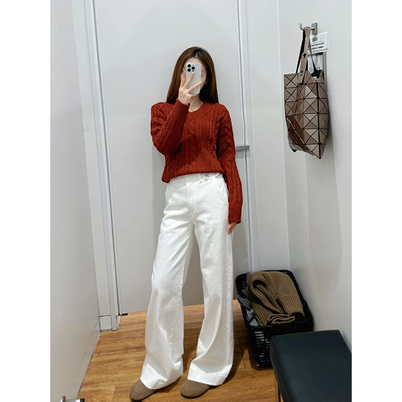 纽花V领针织衫长袖毛衣毛衫底衫高腰直筒阔腿牛仔裤宽松垂感长裤