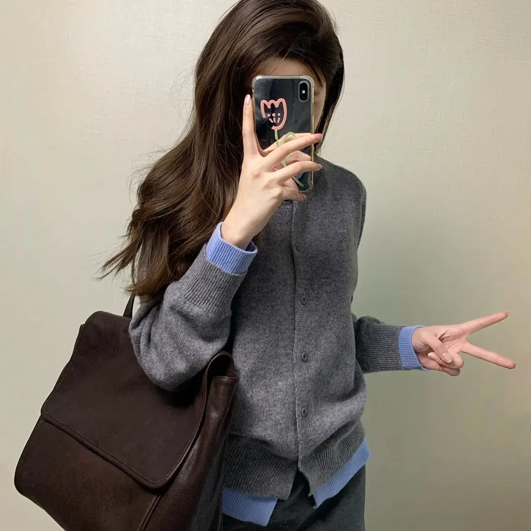 毛针织衫女士春季2024新款时尚气质休闲拼色假两件针织开衫上衣