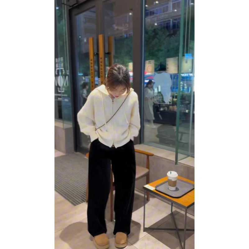 2024年秋冬季新款气质双拉链针织连帽开衫显瘦高腰垂感百搭直筒裤