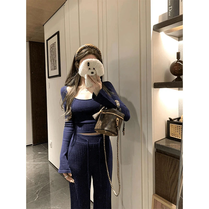 2024秋冬新款轻熟风辣妹修身短款休闲长袖上衣高腰百搭直筒阔腿裤