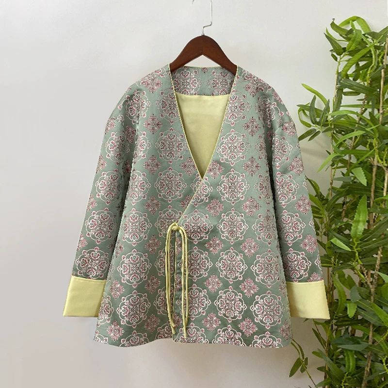 【陆美英-宝相花】2024国风新中式宋锦秋冬女士外套斜襟盘扣V领