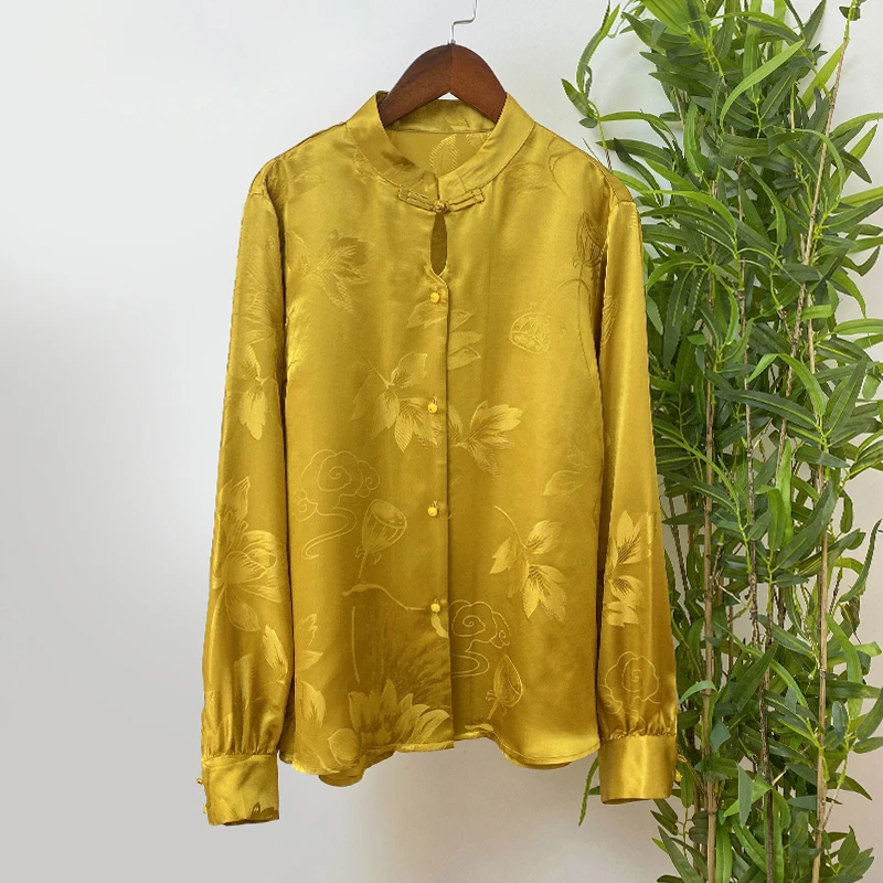 金色复古重磅桑蚕丝新中式莲蓬时尚提花百搭立领对襟长袖衬衫