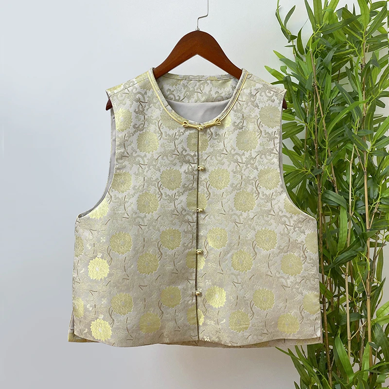 【缠枝莲】国风复古中式时尚提花桑蚕丝马夹无袖圆领黄色宋锦马甲