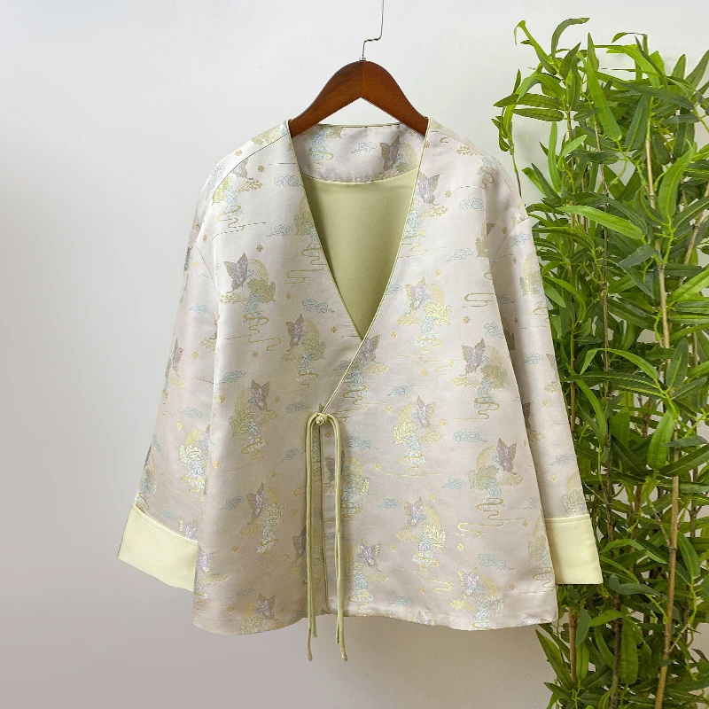 【祥云树叶蝴蝶】新中式复古百搭宋锦外套斜襟一字扣端庄气质女装