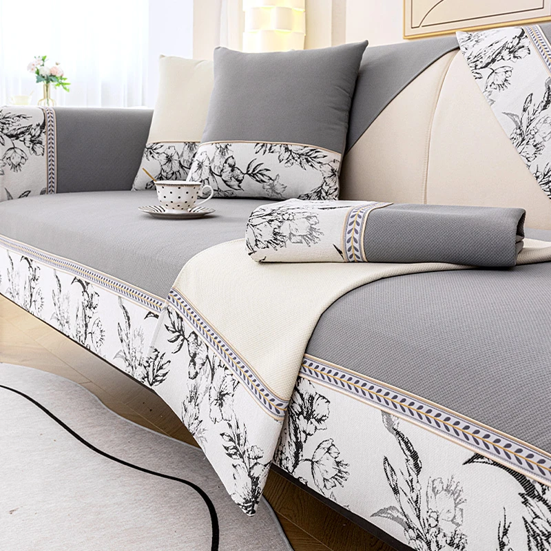 雪尼尔防滑坐垫四季通用布艺坐垫子全盖简约现代扶手套罩靠背巾