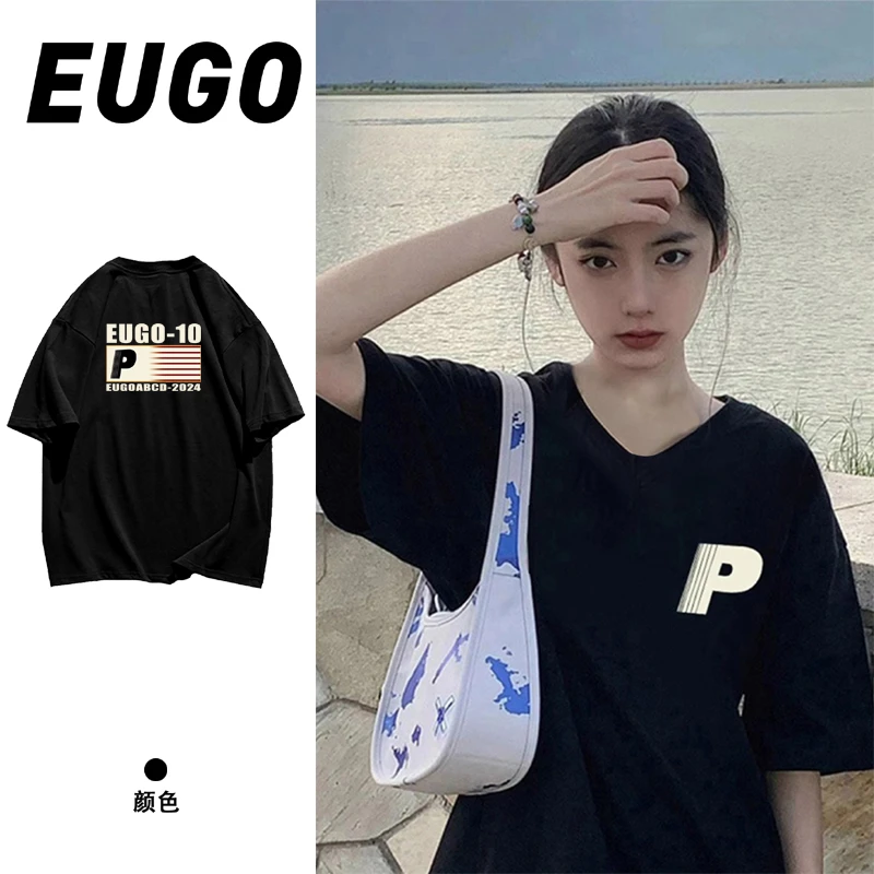 EUGO夏季新款纯棉半袖短袖T恤女宽松字母印花韩版潮流圆领体恤ins
