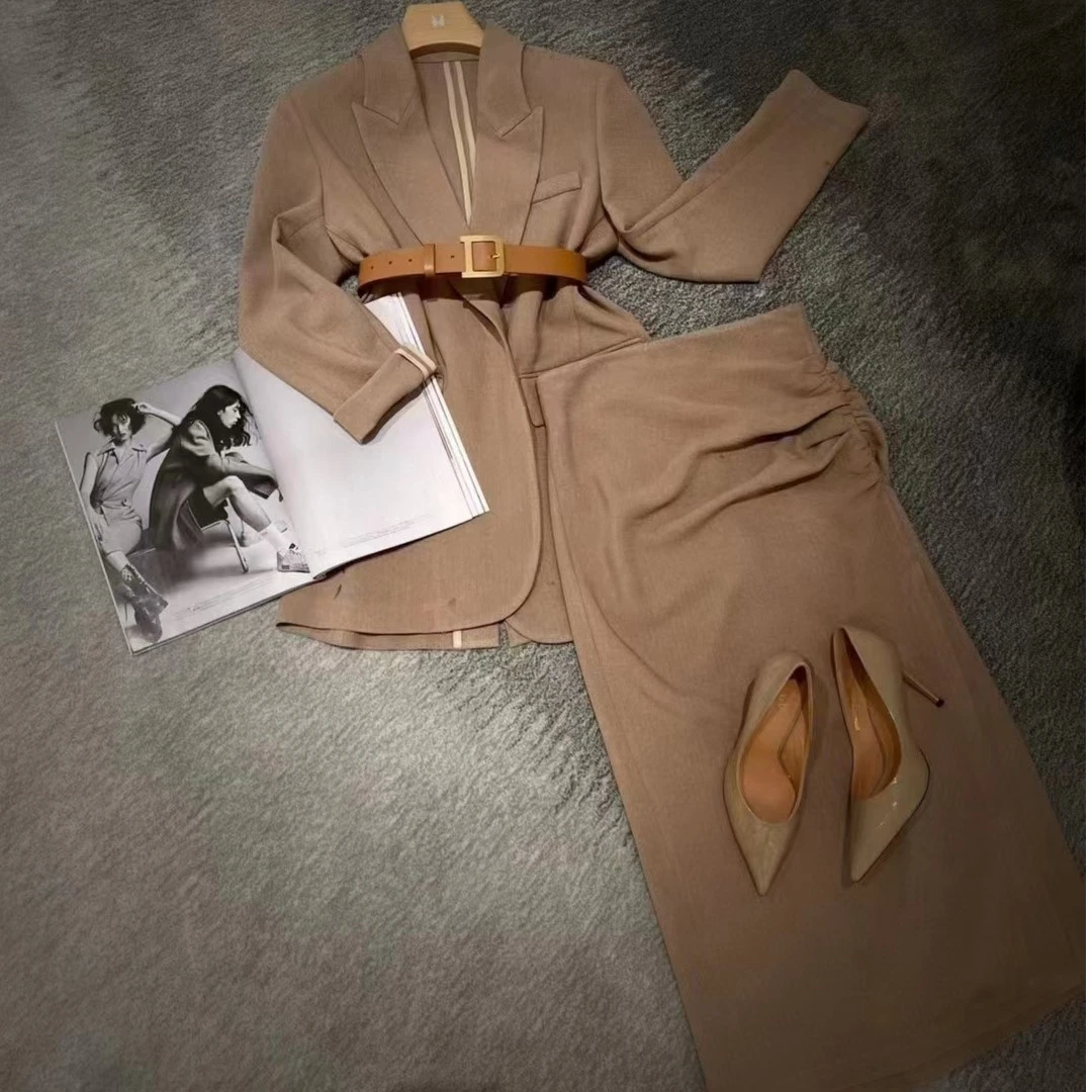 醋酸竹节麻咖色半裙套装