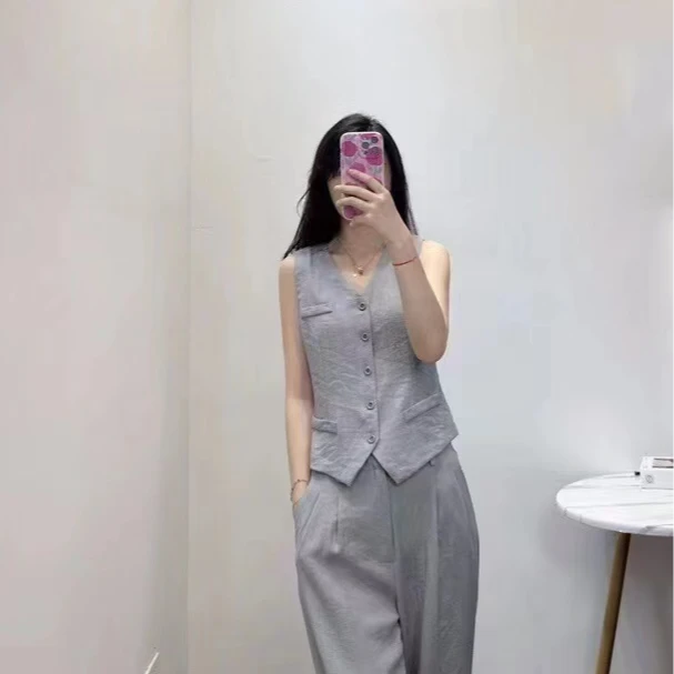 2024夏季新款单层亚麻马甲阔腿裤套装