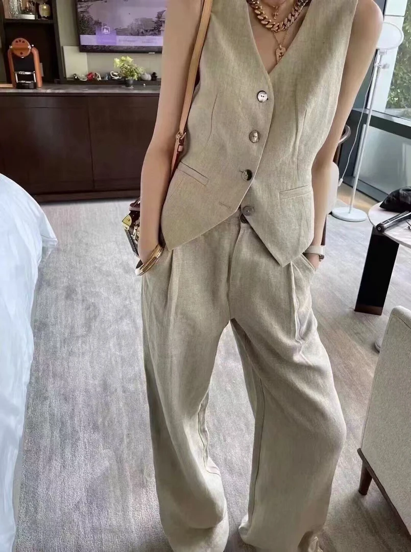 时尚亚麻马甲+直筒阔腿裤两件套装